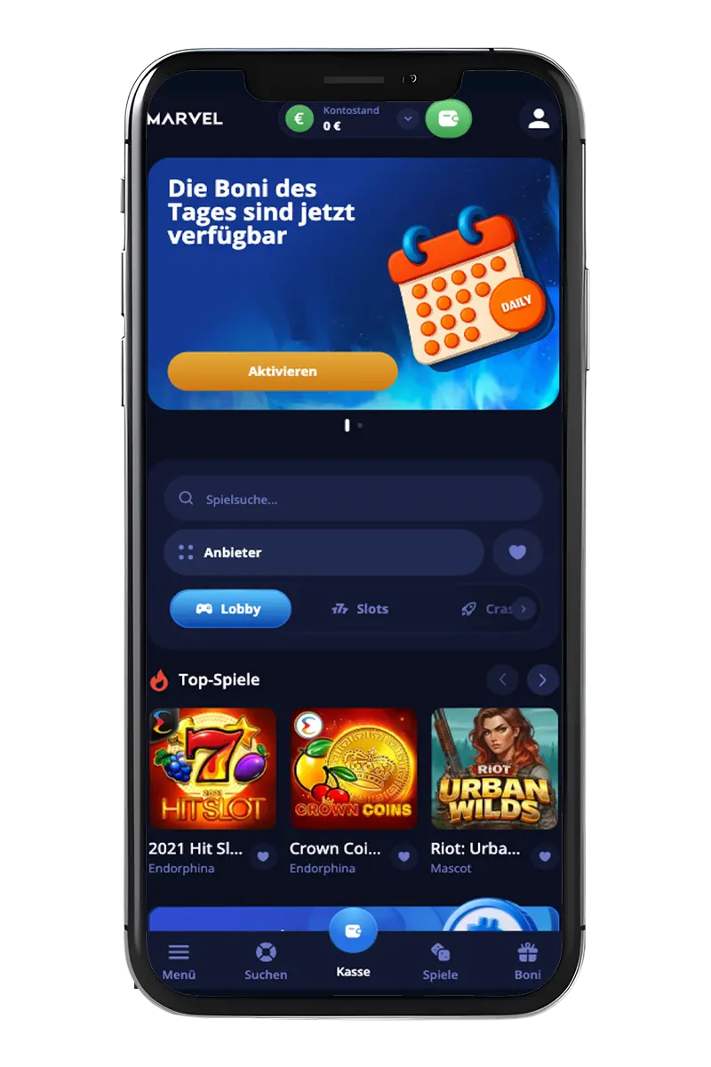 Der Hauptbildschirm des Casinos auf Ihrem Handy